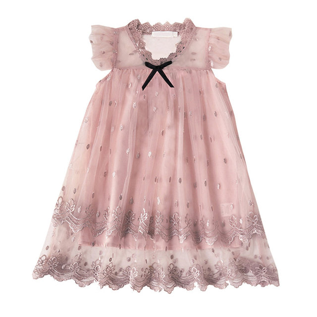 One piece girl's dress new 2022 summer Western style flying sleeves embroidered lace mesh princess skirt children's clothing