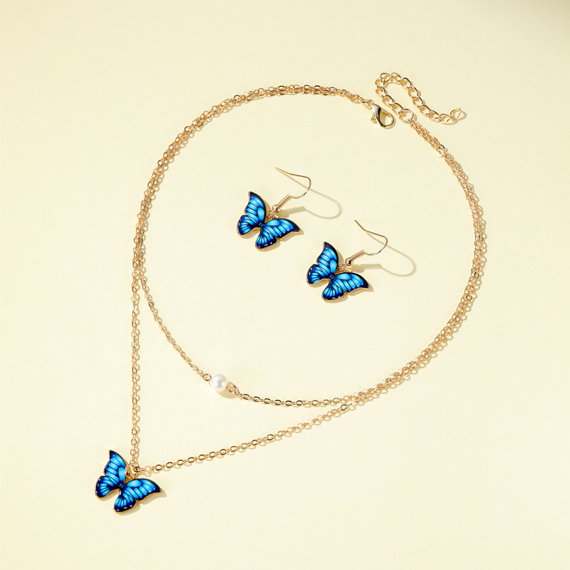 Commerce Extérieur Nouvel Ensemble Papillon Collier Couleur Double-couche Perle Papillon Pendentif Dame Tempérament Élégant Papillon Boucles D'oreilles display picture 5