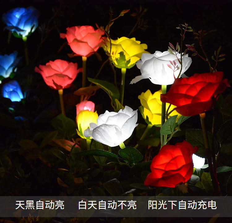 amazon跨境太阳能仿真花灯玫瑰花庭院装饰灯3头花灯太阳能草坪灯-阿里巴巴