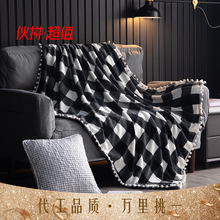 跨境印花法兰绒毛毯定制珊瑚绒流苏毯子批发加厚格子球球沙发毯子