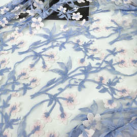 高质量重工水溶立体绣花服装面料清新3汉服童装女群网纱绣花