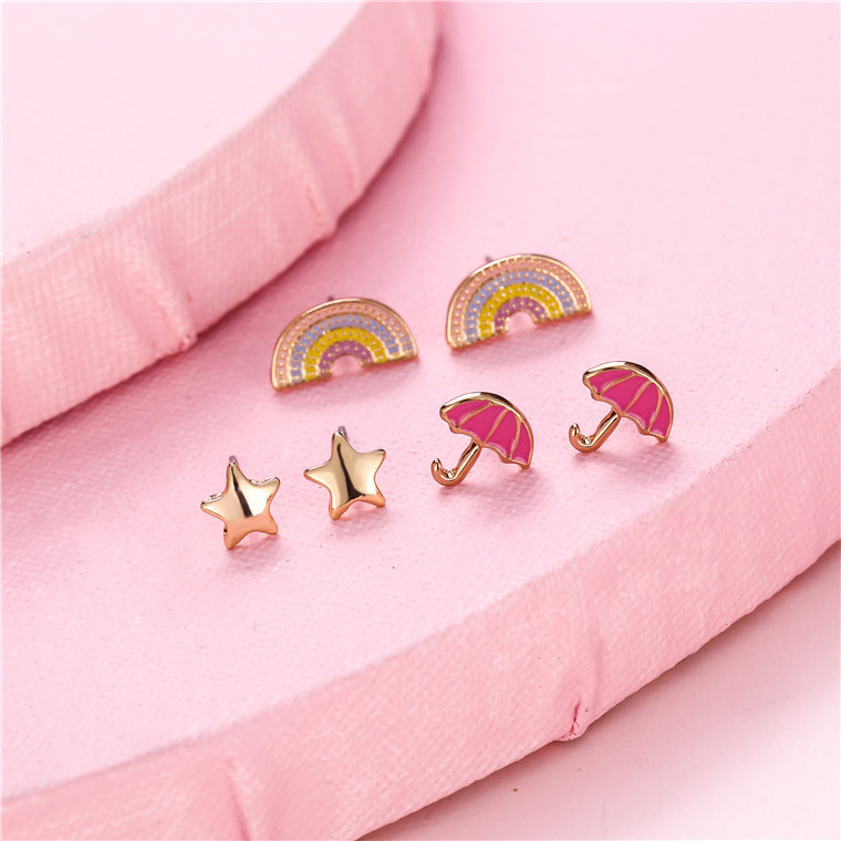 Cartoon Style Rainbow Alloy Enamel Girl's Ear Studs 3 Pairs display picture 3