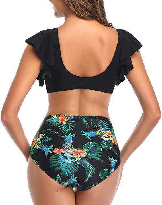 Hot selling fashion women s high waist sexy small sleeves ruffled print swimwear NSHL531