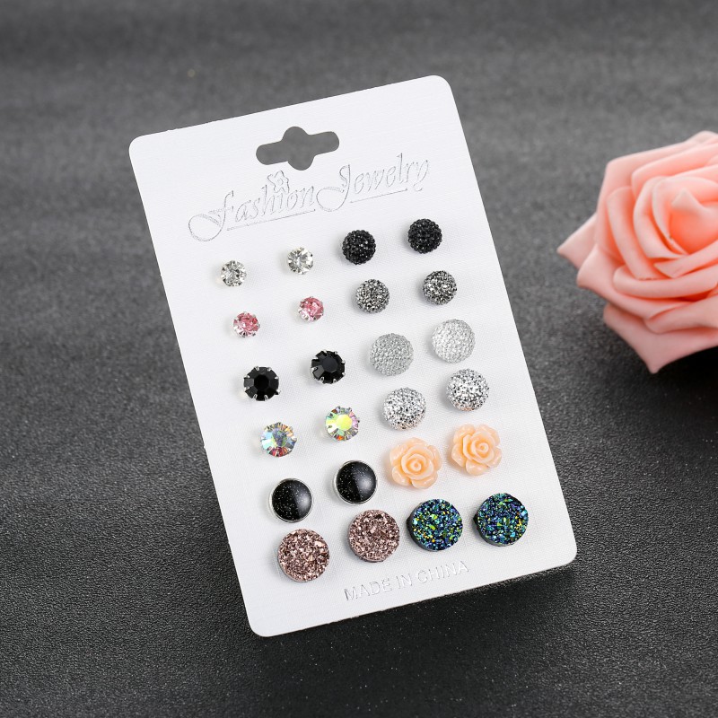 Hot Sale Mixed Color 12 Pairs Round Rhinestone Crystal Flower Earrings display picture 2