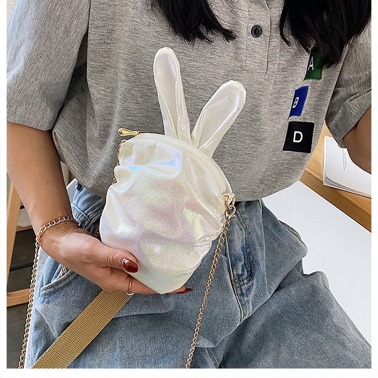 Korean  New Trendy  Cute Cartoon Laser Colorful Girl Cute Funny Rabbit Ears Pu Chain Small Shoulder Bag Mobile Phone Bag Nihaojewelry Wholesale display picture 1