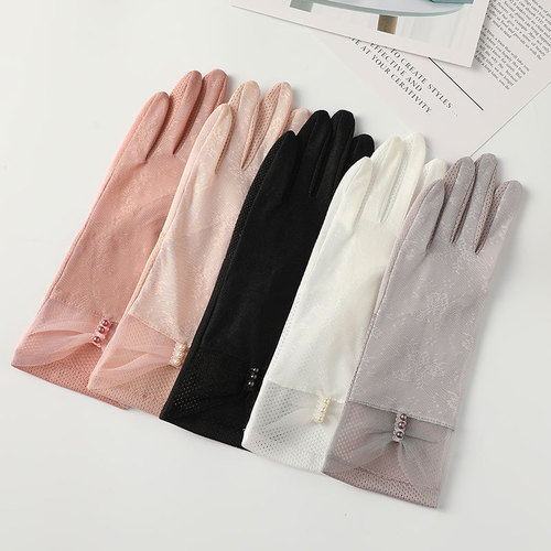 Lace sun protection gloves for women in summer, anti-UV, anti-slip, touch screen, ice silk feel, breathable, thin, mid-length, outdoor