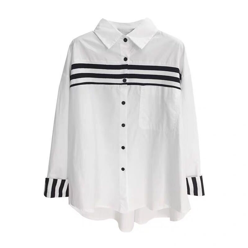 帮手主图-2020春夏季新款韩版中长款纯白色拼接黑色条纹百搭