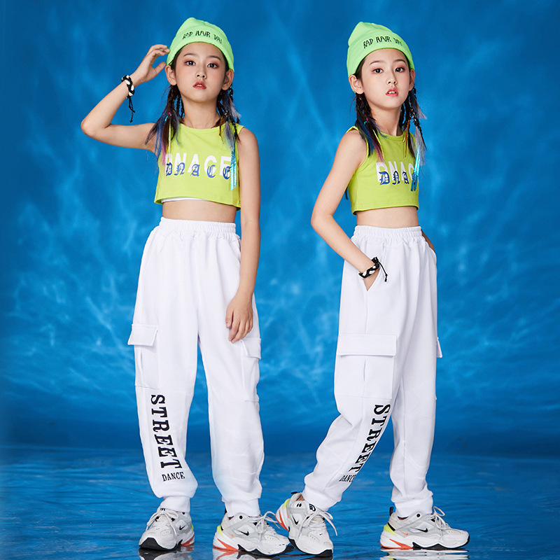 Girls jazz rapper singer street hip hop dance costumes cool jazz dance hip-hop clothing children fashion tide outfits girl shows green vest and pants