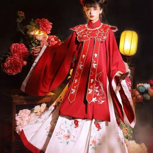 Hanfu women Ming Dynasty adult red wedding collar long shirt with thick embroidery waist level ancient cloud shoulder cover