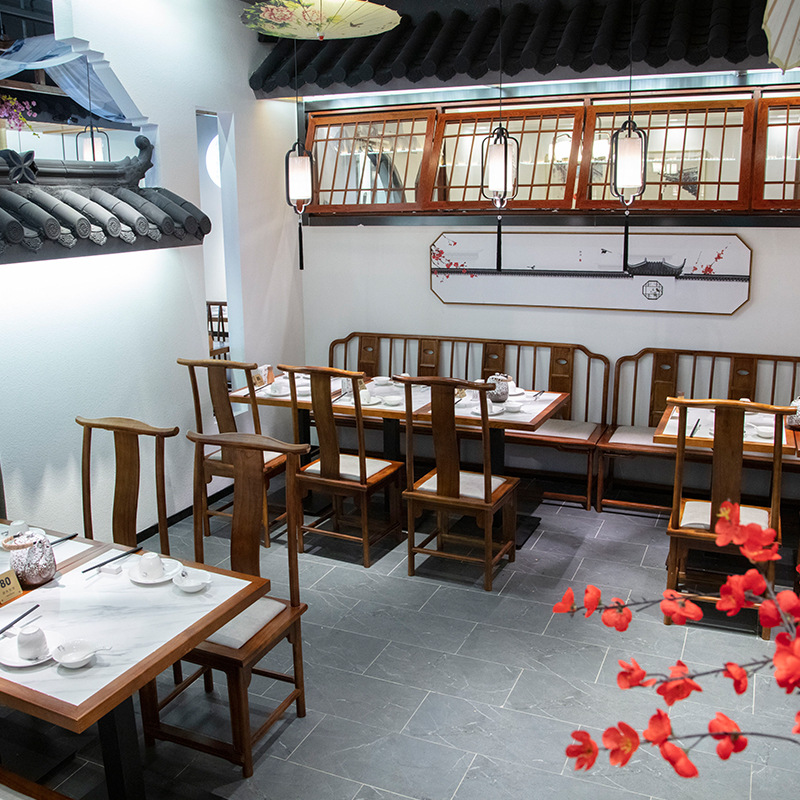 定制中国风餐饮酒店餐桌椅组合复古中式餐厅饭店大理石桌实木卡座|ru