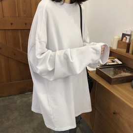 女上衣2020年新款长袖t恤白色打底衫春夏季百搭网红宽松长款内搭
