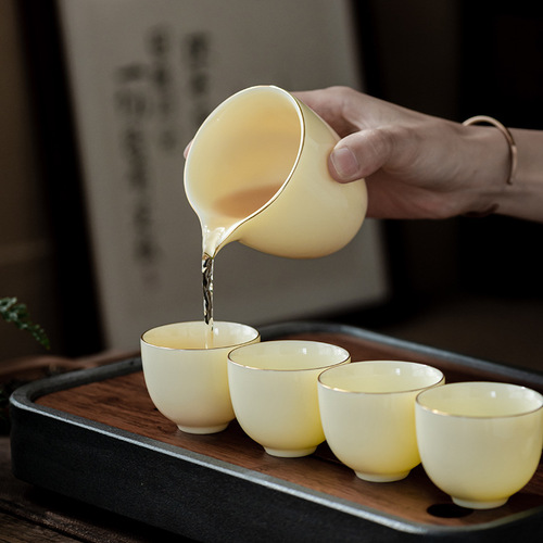 Mutton fat jade gem yellow complete set of kung fu tea set simple home office activities high-end business gift logo