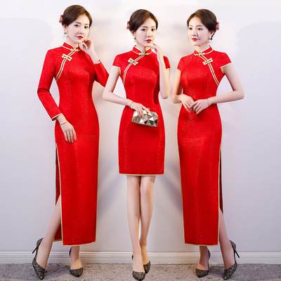 Women Red lace Chinese Dresses stage performance chorus cheongsam dresses retro miss welcome cheongsam