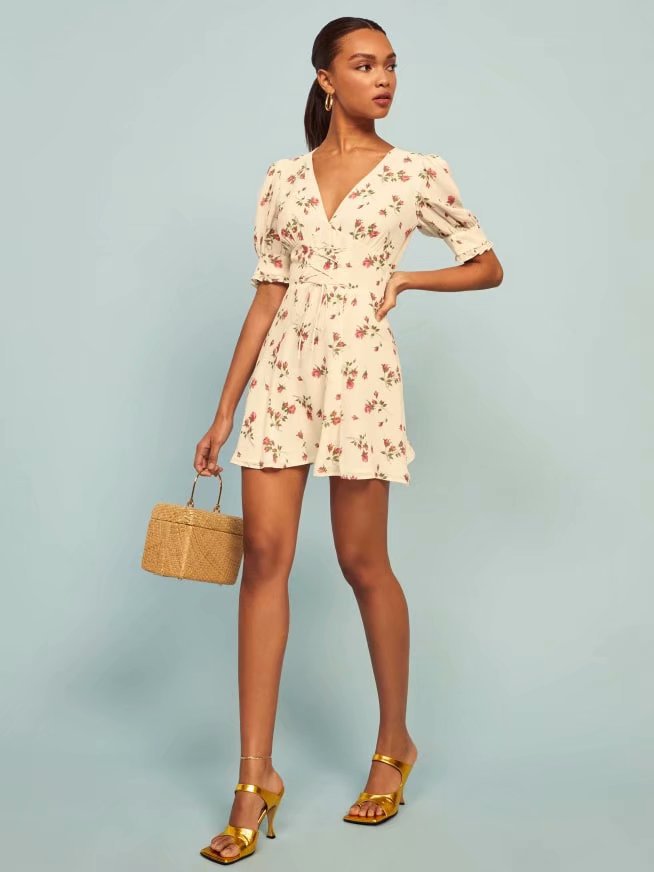 summer low V-neck tether waist printed dress NSAM22519