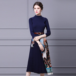 Autumn and winter waistband waistband shows thin knitting long bottom pleated skirt