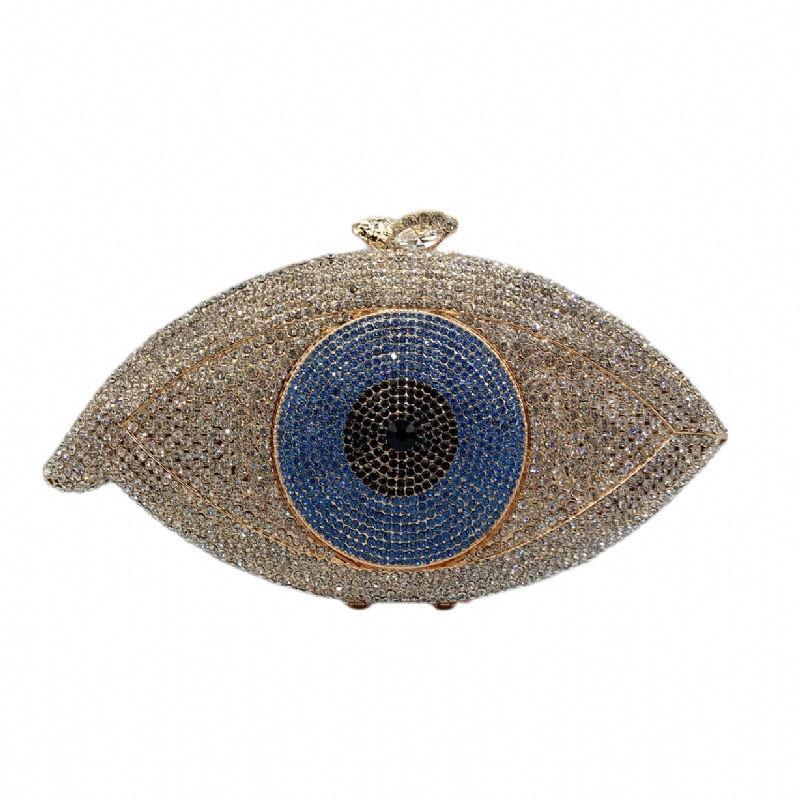 Túi clutch nữ đính kim cương kim loại rỗng cầm tay dự tiệc 19x4x10.5 cm — Màu xanh lam, Màu đen, Nền vàng kim cương trắng, Đế Vàng Kim Cương