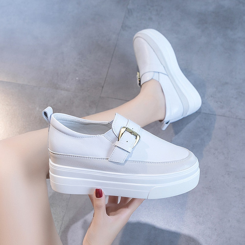 Genuine leather inner height-increasing white shoes for women in spring and autumn new Korean style versatile slim-soled casual sports shoes loafers