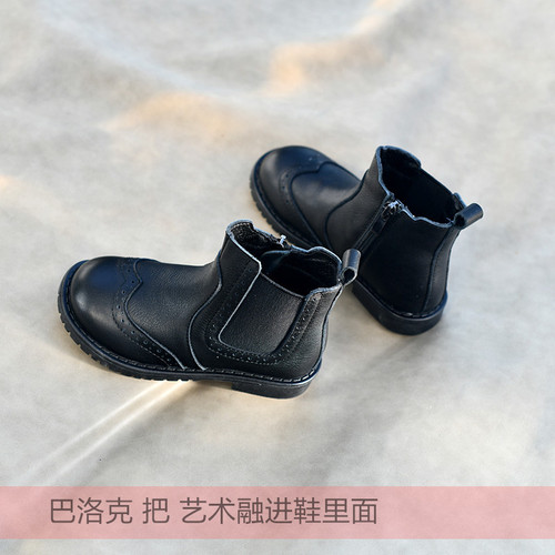 Children's soft cowhide boots short boots autumn and winter short boots Baroque princess shoes soft sole black leather boots trendy boots baby warm