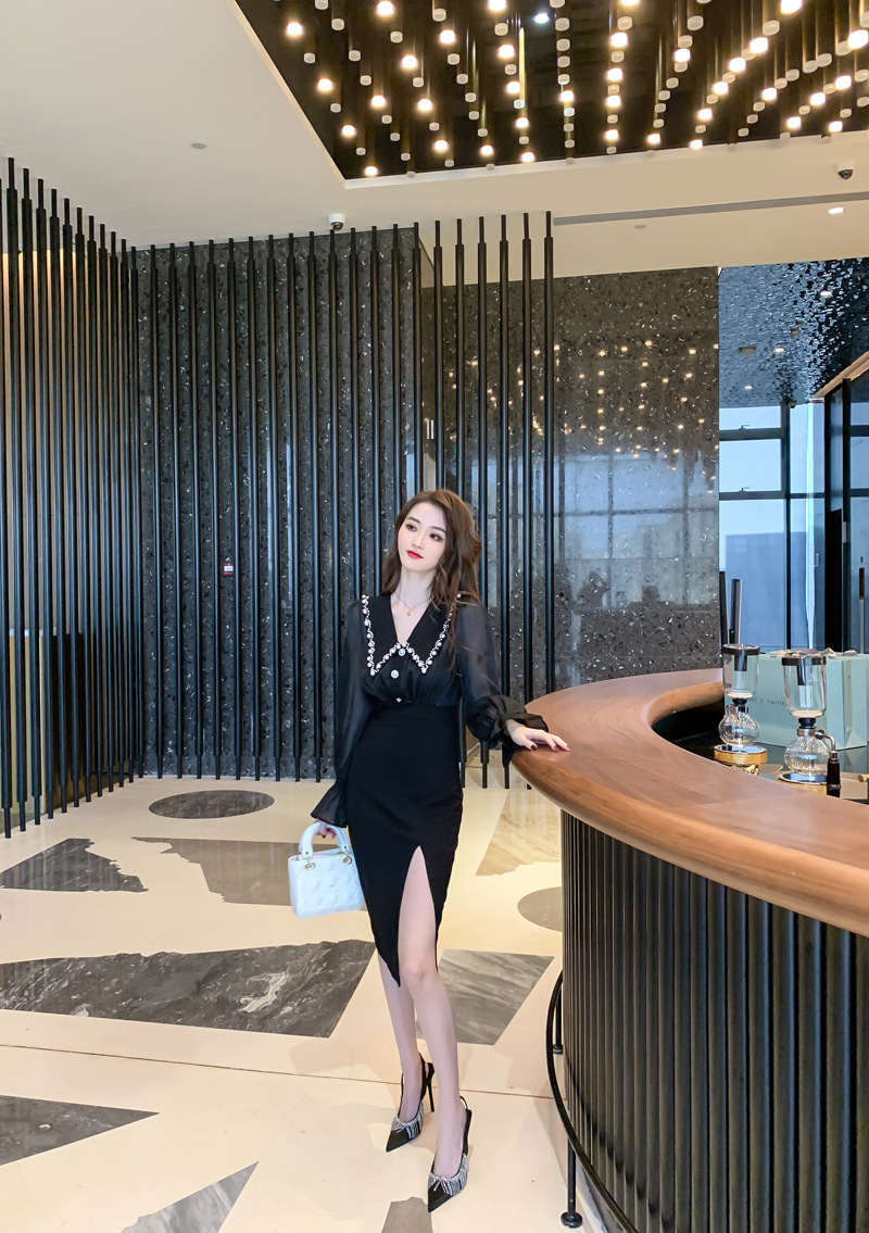Đầm liền dài tay cổ búp bê xẻ tà ôm eo kiểu Pháp — Màu đen chi tiết 10