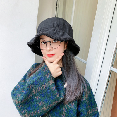 帽子女网红可爱羊羔绒渔夫帽秋冬韩版百搭学生盆帽可调节遮阳帽潮