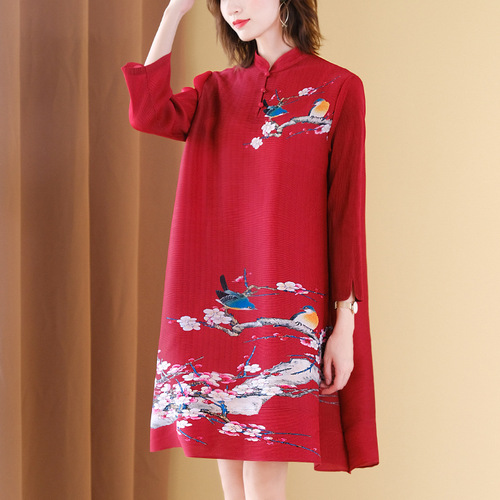 National retro printed Chongsam dress women loose large pleated cheongsam qipao dresses