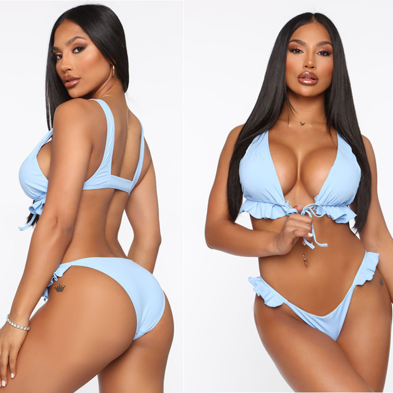 Pengxiang 2021 new bikini solid color ruffled push up sexy European and American swimsuit bikini swimsuit factory 2113