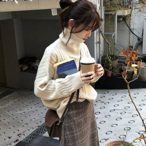 网红高领套头毛衣女秋冬精品时尚外穿慵懒风加厚针织衫红色上衣服