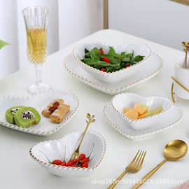 定制金边沙拉碗创意网红家用客厅透明心形水果盘套装玻璃碗甜品碗
