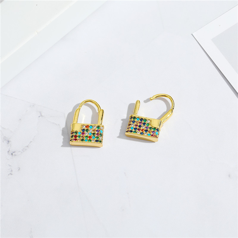 Korean  Copper Micro-inlaid Zircon Lock Earrings display picture 4