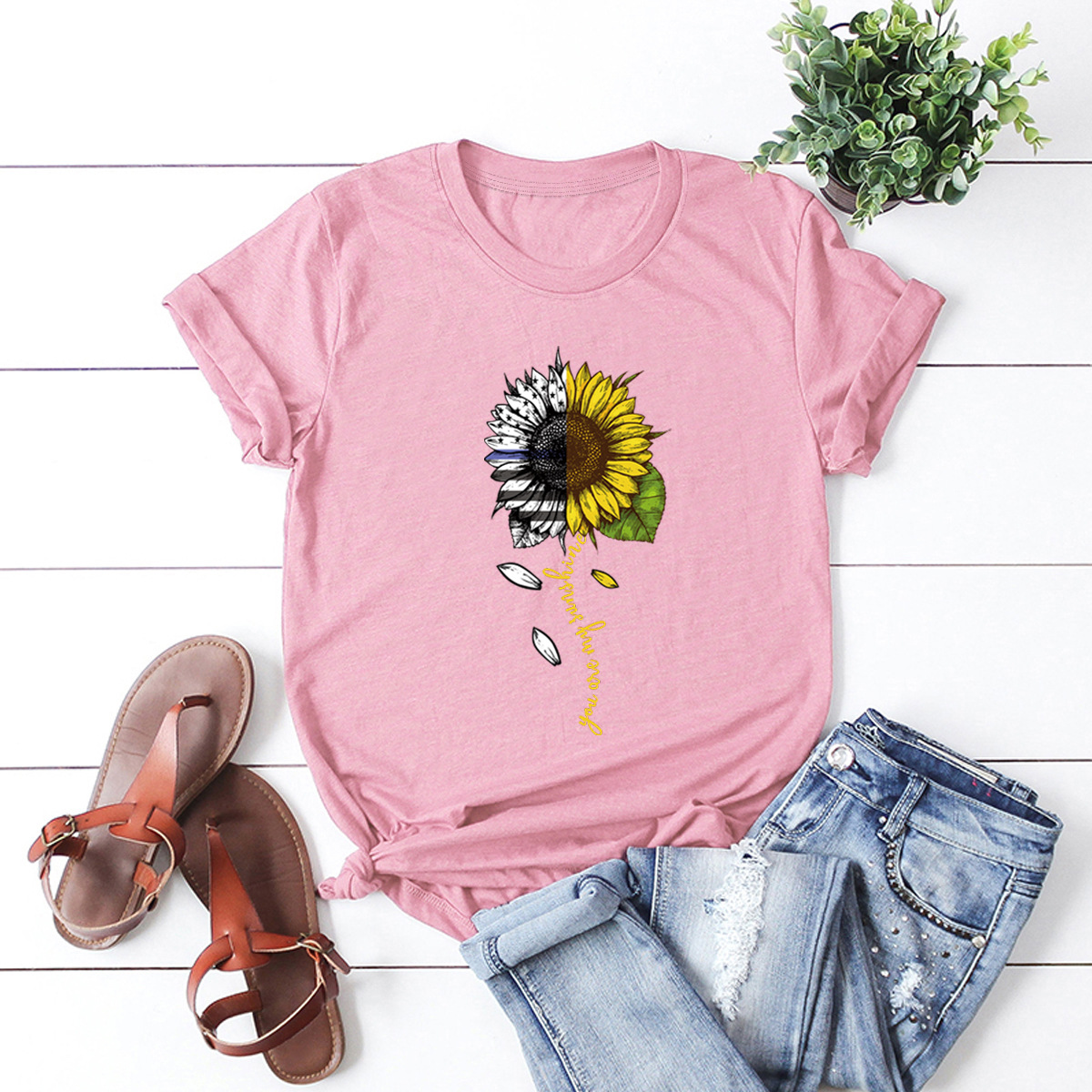 camiseta casual de mujer de manga corta con girasol NSSN1771