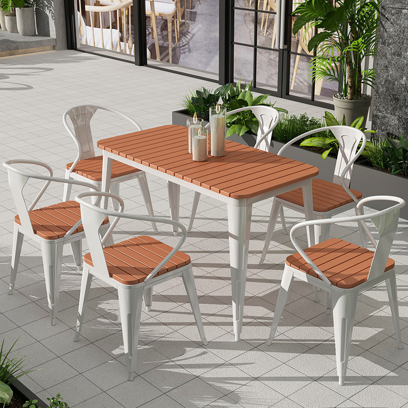 Outdoor plastic wooden tables and chair combination cafes hotel outdoor dining table chairs open -air garden courtyard balcony casual tables and chairs
