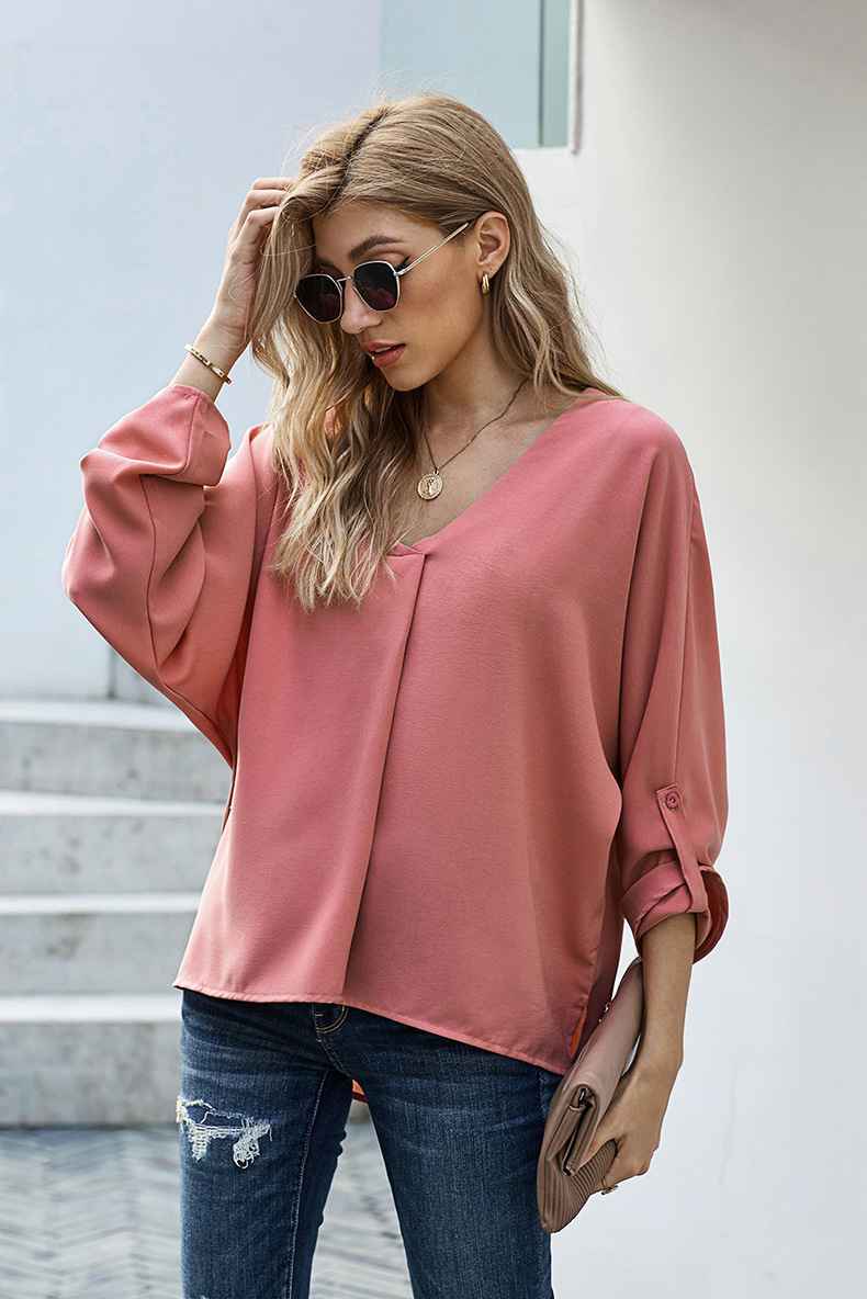 Fashion Solid Color Polyester V Neck 3/4 Length Sleeve Regular Sleeve Patchwork Blouse display picture 5