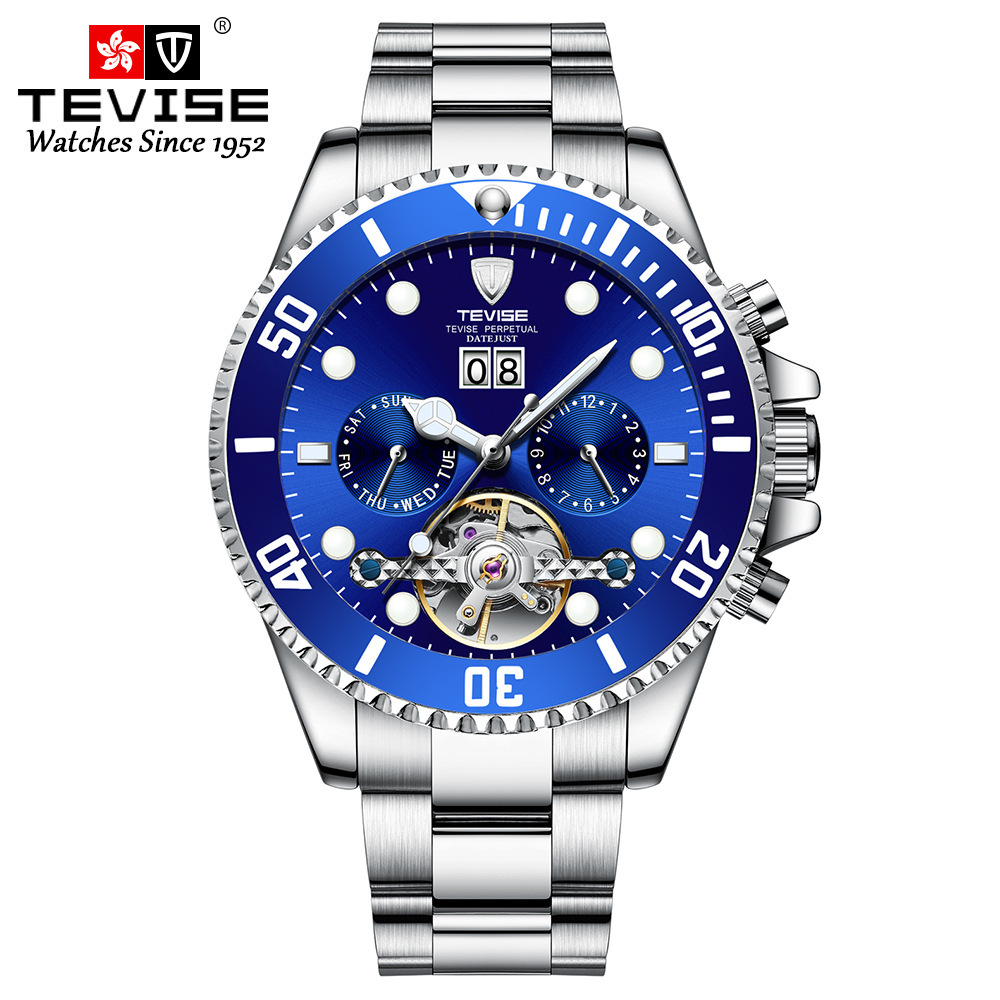 TEVISE reloj mecánico automático para hombre multifunción hueco luminoso impermeable transparente inferior reloj mecánico T823F
