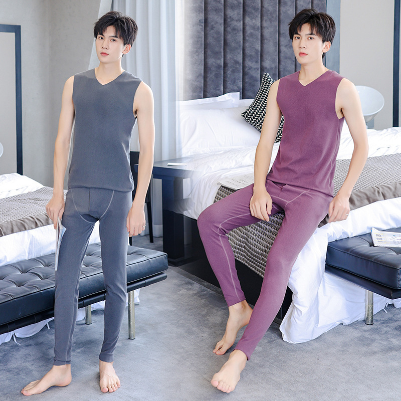 Autumn and Winter cationic velvet V-neck vest long pants suit men's seamless slim warm solid color two-piece suit