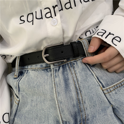 Belt female side buckle black Korean retro style belt student thin trouser belt simple and versatile bf style