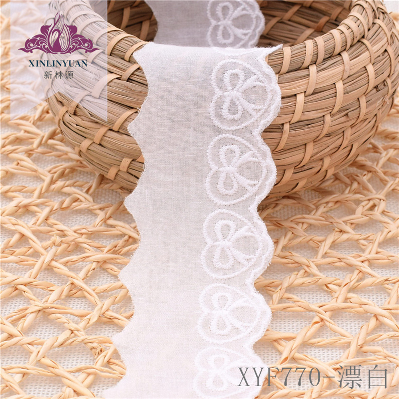 XYF770漂白色全棉布刺绣花边条码 4.6cm棉线刺绣爱心蝴蝶结花边