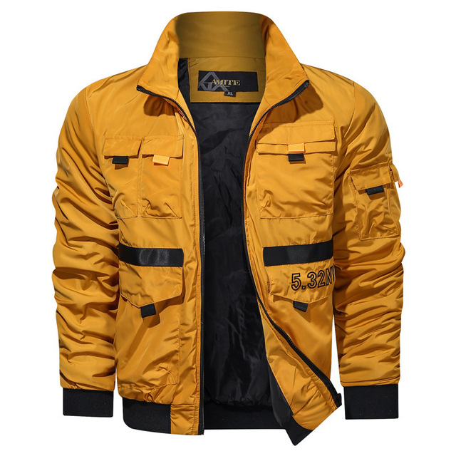Men’s fashion stand collar jacket jacket autumn solid Multi Pocket youth trend men’s jacket