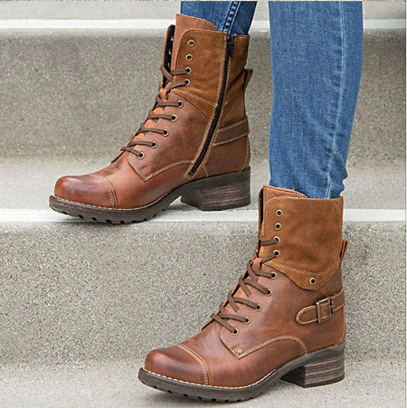 New round head women's thick heels lace-up solid color women's motorcycle boots_voghion.com