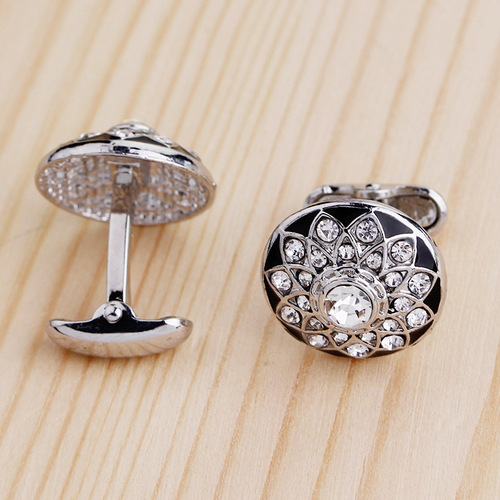 Wish Hot Selling European and American Fashion Personalized Snowflake Diamond Geometric Round Cufflinks and Cuff Pins Factory Direct Sales Accessories