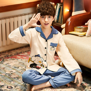 男童纯棉睡衣长袖秋冬季中大小男孩开衫空调房休闲睡衣套装长袖