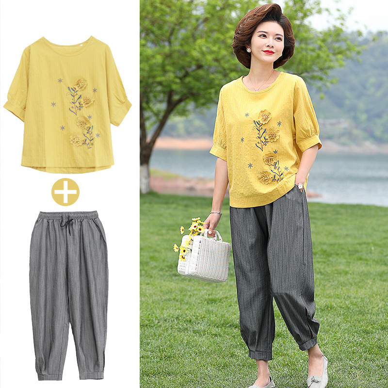 2020 new pattern mom Summer wear Western style Cotton and hemp middle age Women's wear clothes pure cotton Middle and old age spring clothes Two piece set