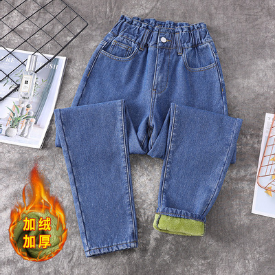 冬季大码高腰牛仔裤女加绒加厚保暖胖妹妹200斤宽松显瘦遮肉长裤|ms