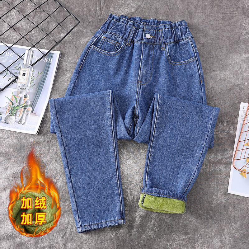 冬季大码高腰牛仔裤女加绒加厚保暖胖妹妹200斤宽松显瘦遮肉长裤|ms