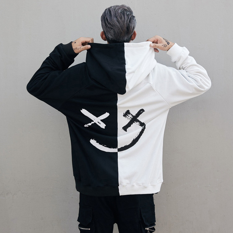Men's Headwear Hoodie Spring and Autumn Leisure Fashion Colored Smiling Face Sweater Long sleeved Hip Pop Streetwear Male Patchwork Hoodies_voghion.com
