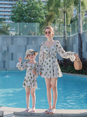 2024 Korean Version Parent-Child Swimwear Mother and Daughter Cover Stomach Slimming Long-Sleeve Separate Dress Style Korean Hot Spring Children's Swimwear