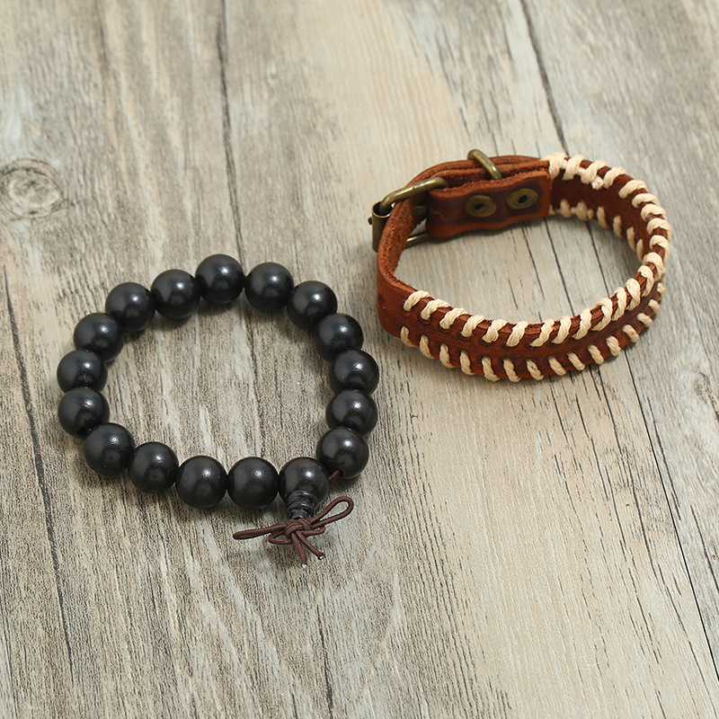 Punk Retro Distressed Leather Simple Diy Combination Set Wooden Bead Bracelet Men's Jewelry Nihaojewelry display picture 2