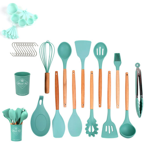 Wholesale silicone kitchen utensils with wooden handles 33-piece set silicone spoon spatula kitchen gadget set silicone holder kitchen utensils