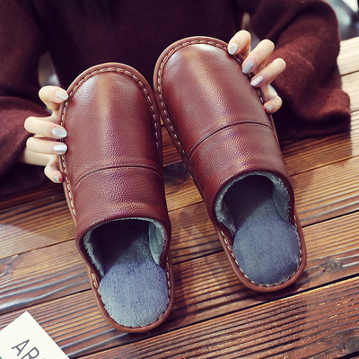 真皮家居拖鞋女秋冬季居家室內防水防滑保暖牛皮棉拖鞋厚底家用男
