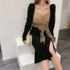 Low cut mesh wave point splicing A-line dress party dress long sleeve dress