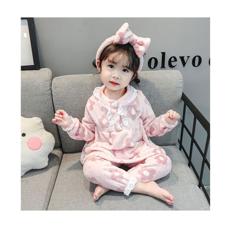 (2개) 2020 겨울 어린이 잠옷 세트 플란넬 풀오버 소녀 홈 의류 헤어밴드 포함